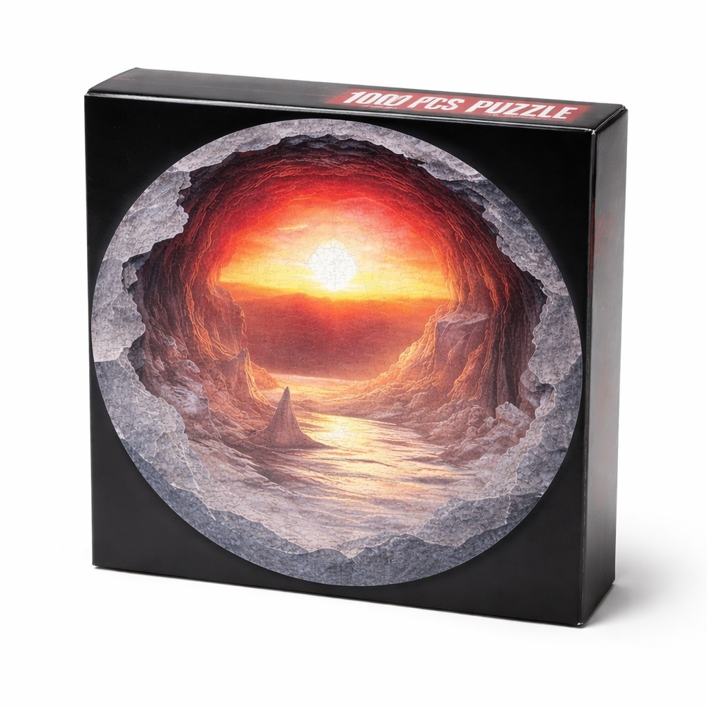 1000-Piece Round Wooden Jigsaw Puzzle – 3D Cave Sunset – 26” x 26”